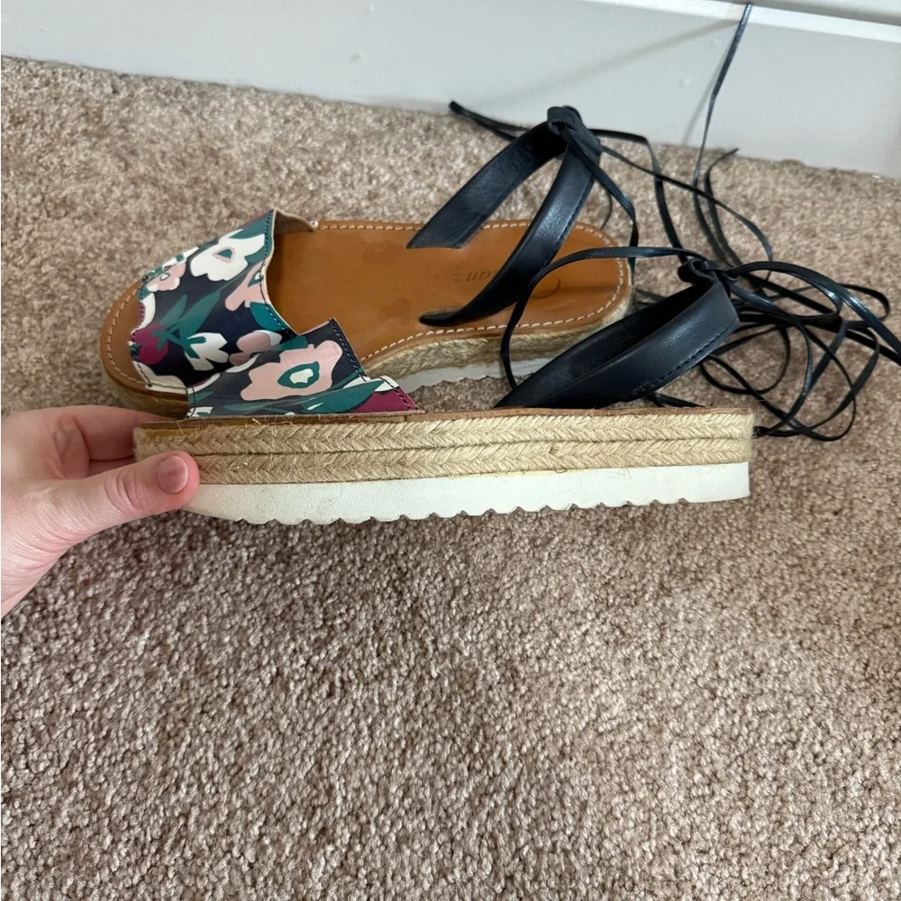 Delman Floral Espadrille Platform Sandals | Ankle Tie | Size 8